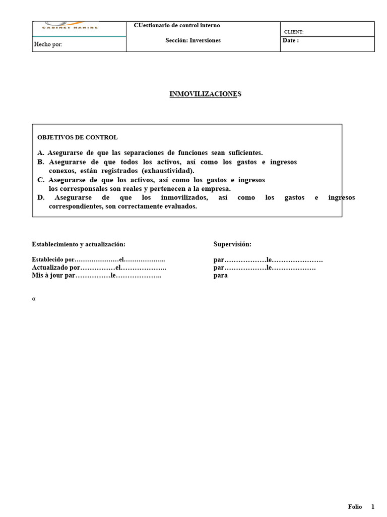 1 Cuestionario de Control Interno - Inmovilizados | PDF | Presupuesto ...