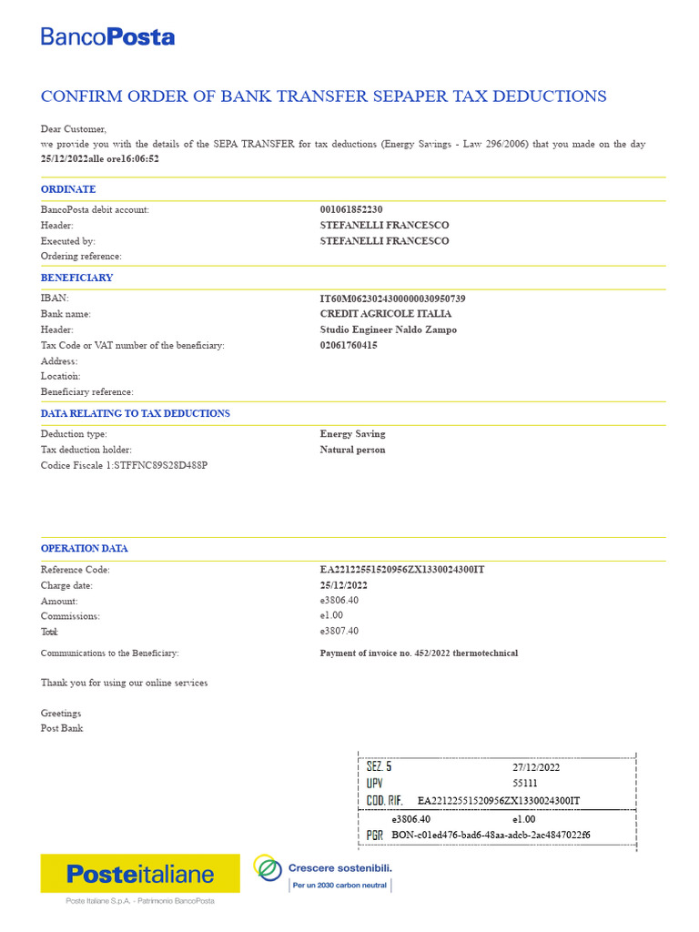 SEPA Transfer Confirmation for Tax Deductions | PDF