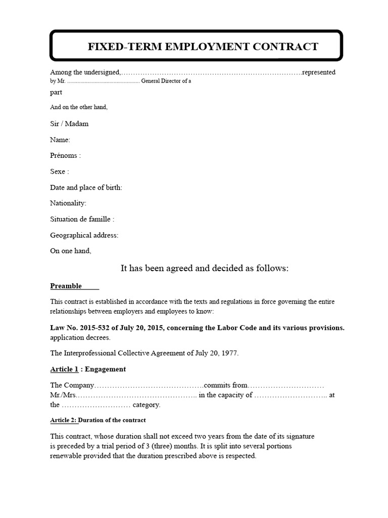 Fixed-Term Employment Contract Template | PDF | Employment | Overtime