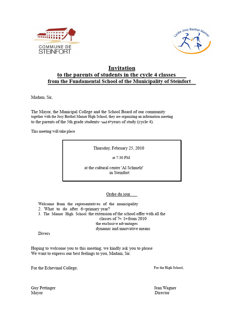 Invitation To The Parents of Students in The Classes | PDF