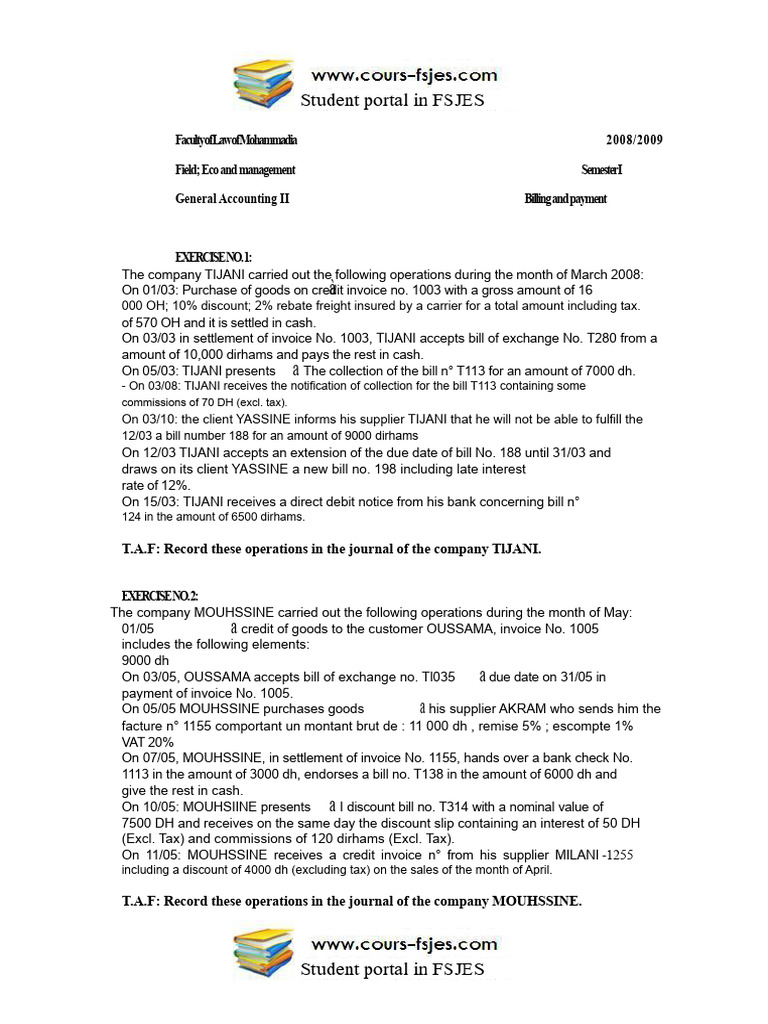 Accounting Exercises for TIJANI and MOUHSSINE | PDF | Invoice ...