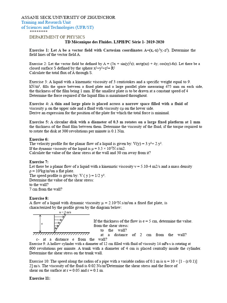 Fluid Mechanics Exercises for L3 Physics | PDF | Viscosity | Shear Stress