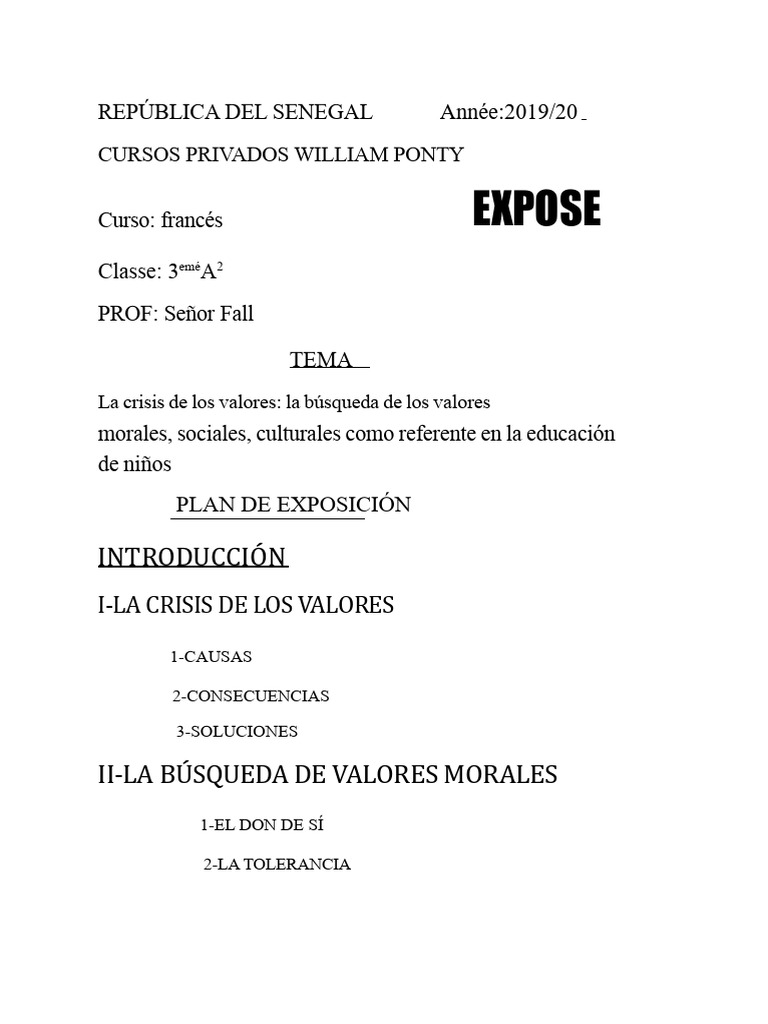 Exposición en Francés Sobre La Crisis de Los Valores. | PDF