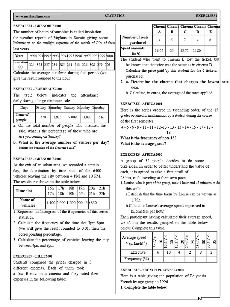 Statistics Exercises and Solutions | PDF | Average | Speed