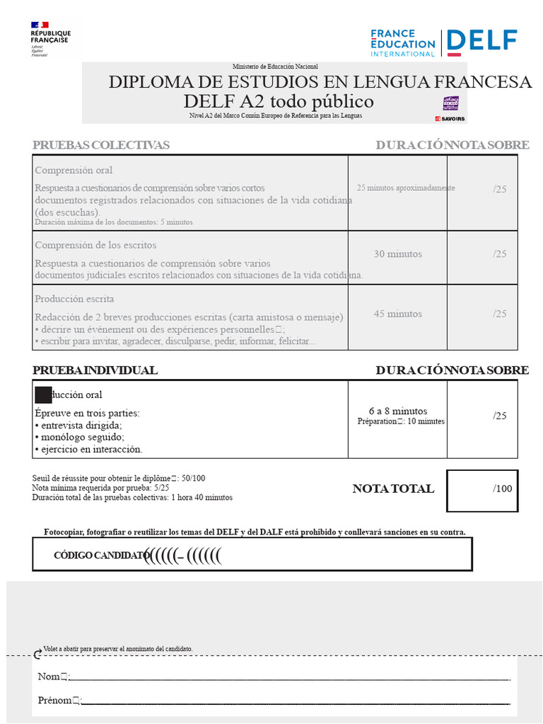 Guía DELF A2: Pruebas y Estructura | PDF