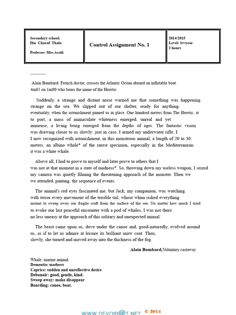 Control Assignment No. 1 - French - 1st Year AS (2014-2015) Miss Assidi ...