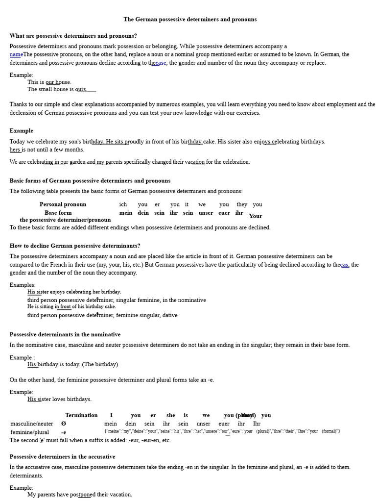 German Possessive Determiners and Pronouns | PDF | Grammatical Gender ...