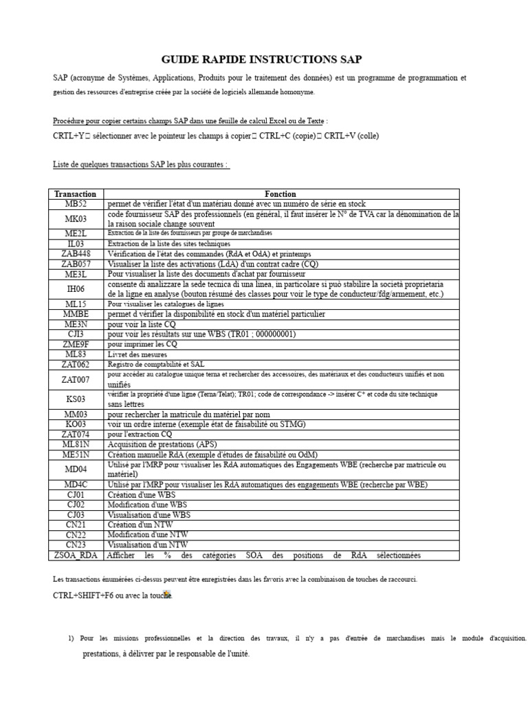 Guide SAP : Transactions et Instructions | PDF | Inventaire | Facture