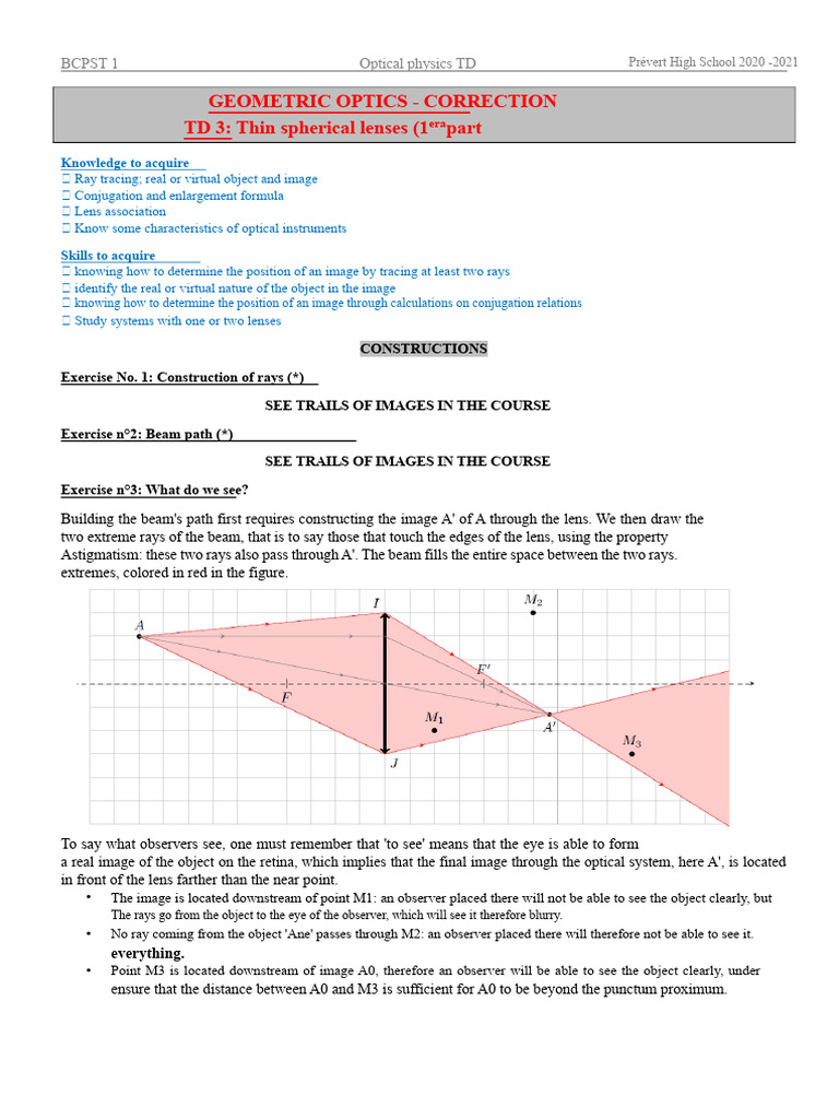 Correction TD 3 Thin Lenses | PDF | Optics | Light