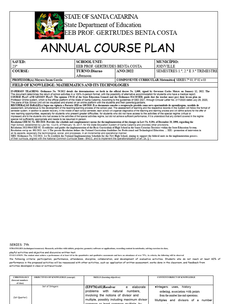 Annual Mathematics Course Plan 2022 | PDF | Equations | Area