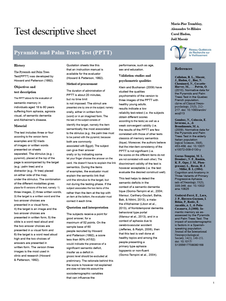 Pyramids and Palm Trees Test Overview | PDF | Dementia | Aphasia
