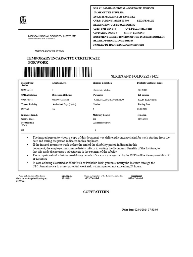 Medical Incapacity Certificate for Zuratzi | PDF | Social Policy ...