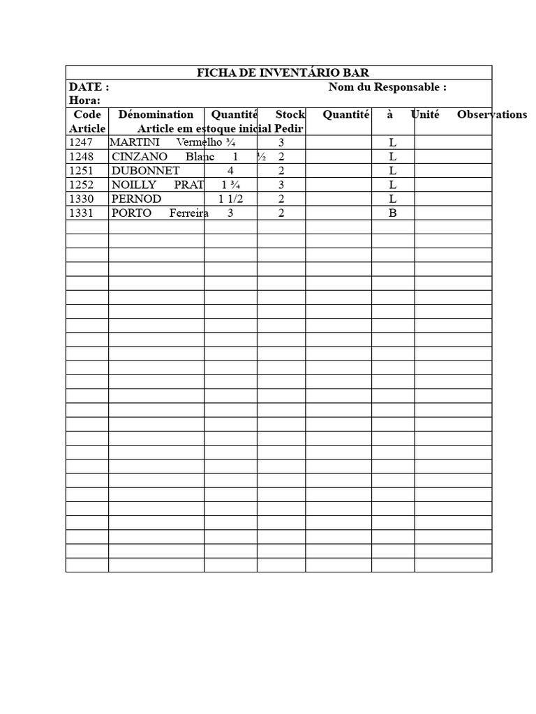 Inventaire de Bar : Articles et Stocks | PDF