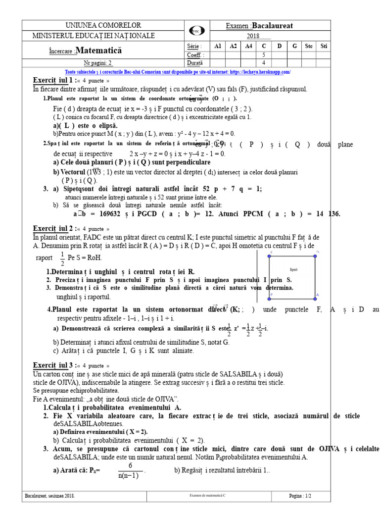 Stoc LesPdf Examene BAC Comore Subiect 2018 Comore Subiect C Matematică ...
