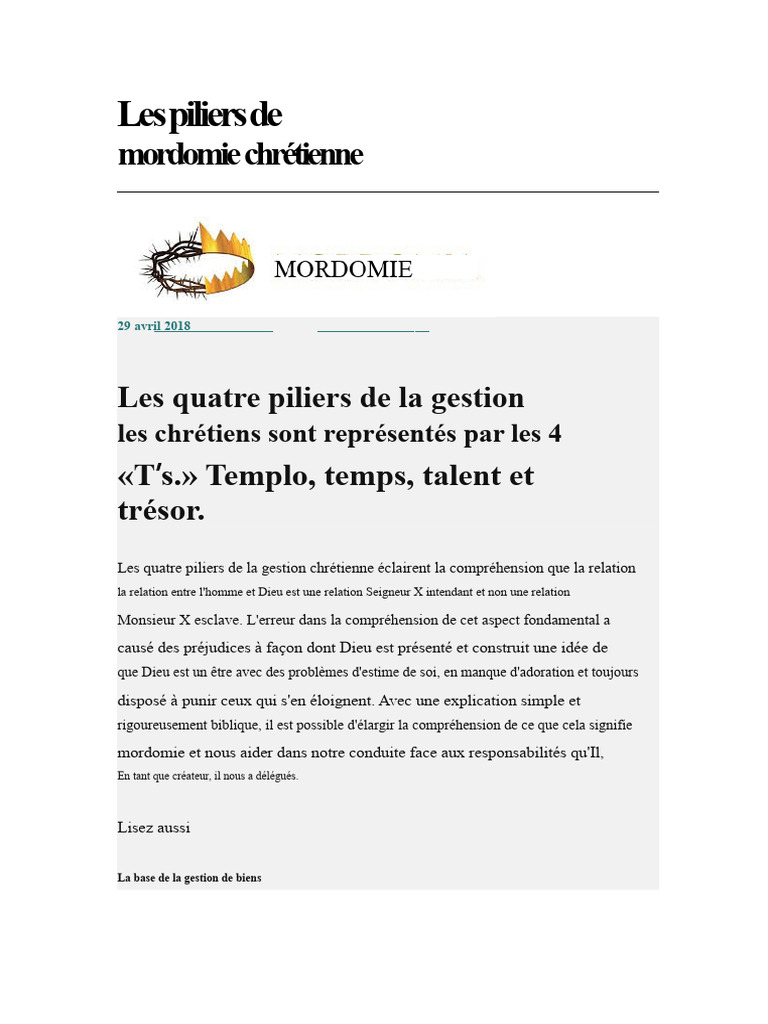 Les 4 piliers de la gestion chrétienne | PDF | Église chrétienne | Dieu
