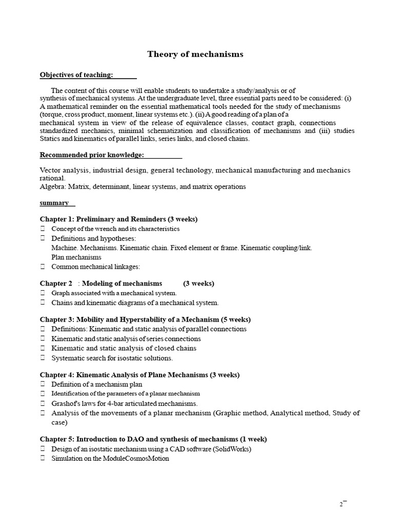 Mechanism Theory Course Overview | PDF | Kinematics | Physics