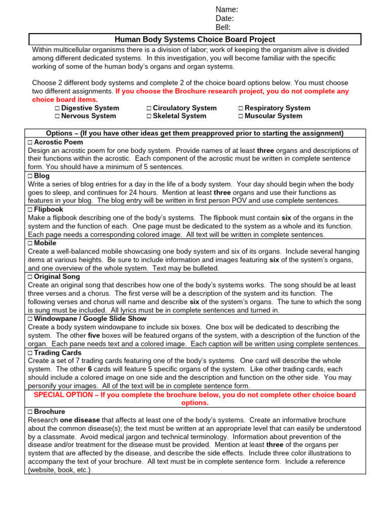 Human Body Systems Project Guide | PDF