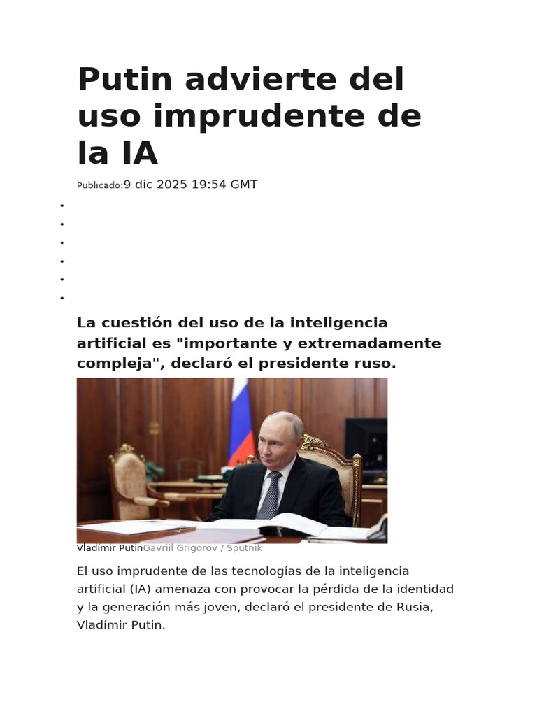 Putin Advierte Del Uso Imprudente de La IA | PDF