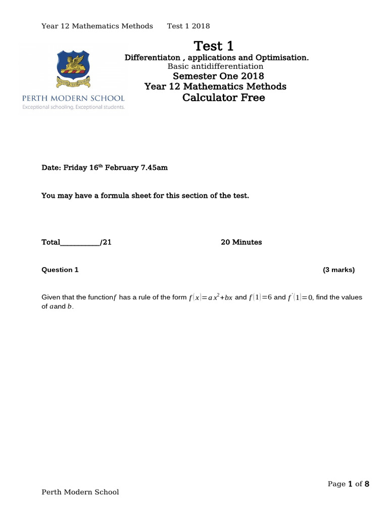 Year 12 Math Methods Test 2018 | PDF | Function (Mathematics) | Area