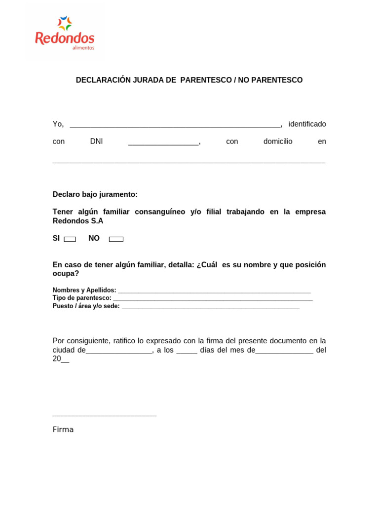 Declaración Jurada de Parentesco S.A. | PDF