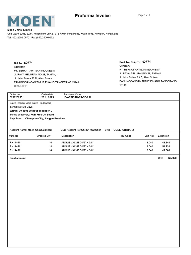 Moen China Proforma Invoice Details | PDF