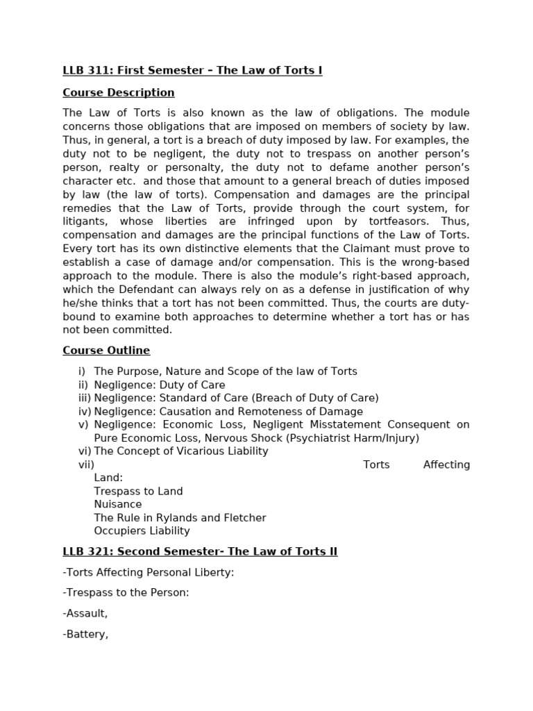 Law of Tort - Imat College 1 | PDF | Tort | Negligence