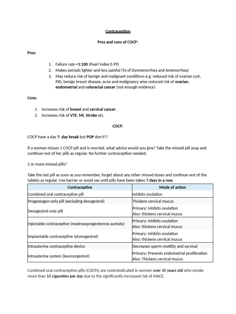 Contraception Notes | PDF | Birth Control | Combined Oral Contraceptive ...