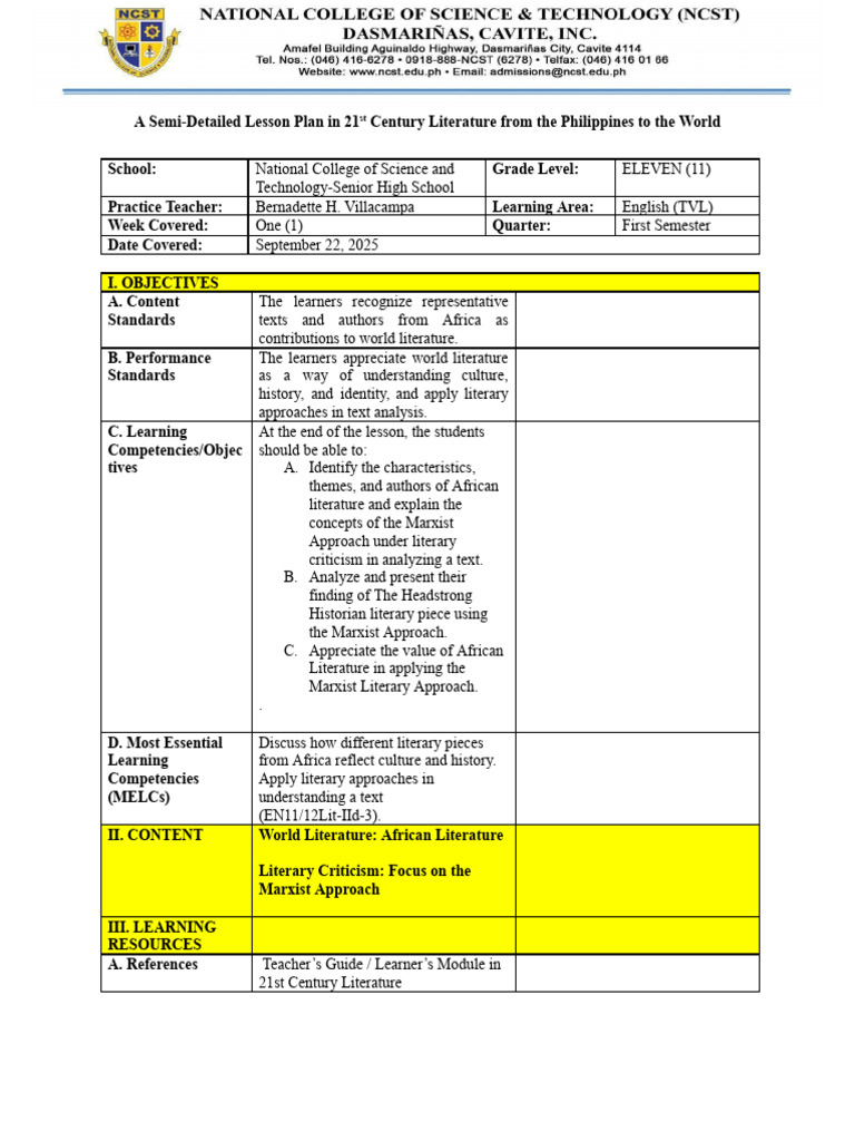 21st Century Literature Lesson Plan | PDF
