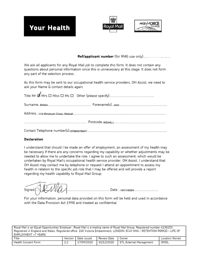 Royal Mail Health Consent Form | PDF