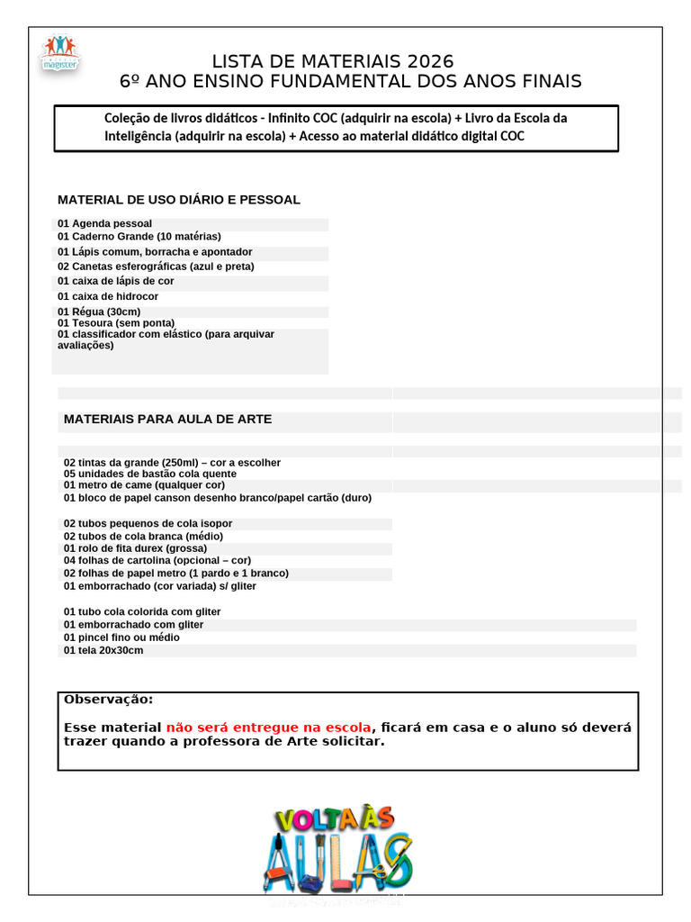 Materiais 6º Ano Ensino Fundamental 2026 | PDF