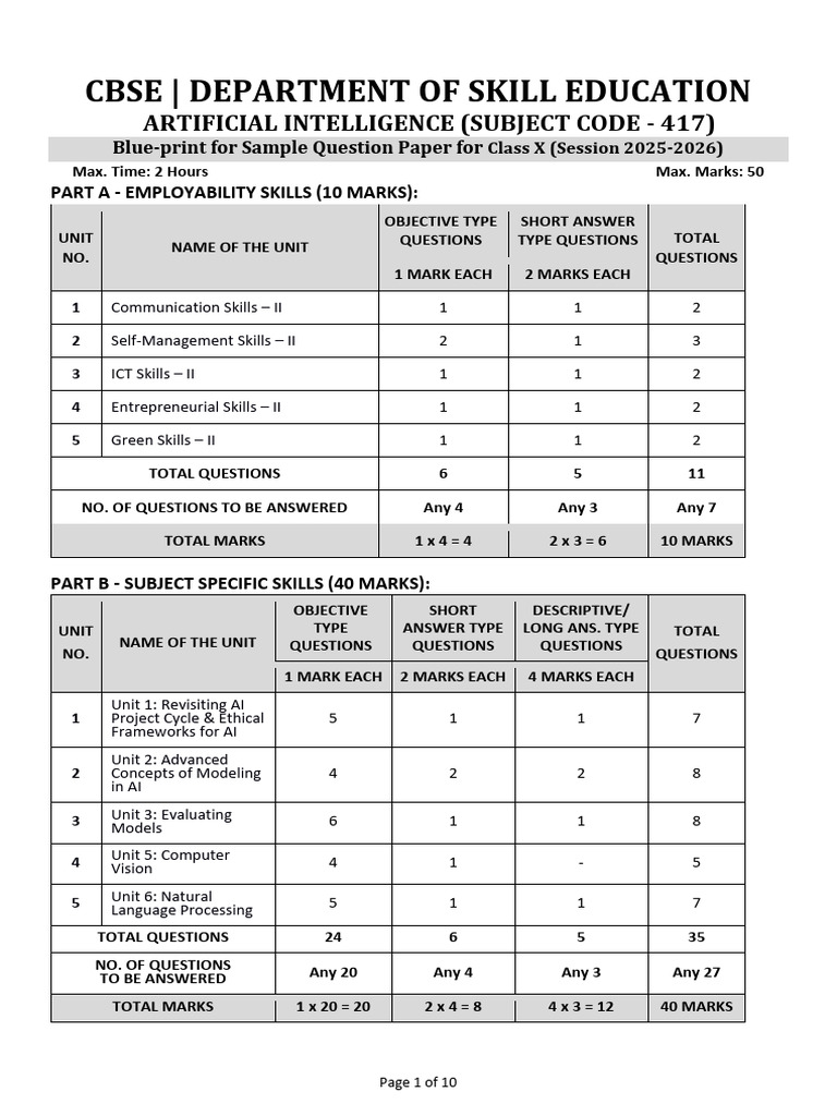 CBSE Class X AI Sample Question Paper | PDF | Machine Learning ...