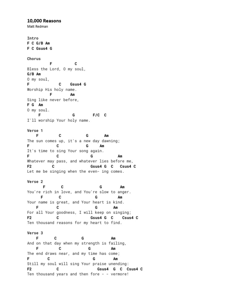 10,000 Reasons Worship Song Lyrics | PDF