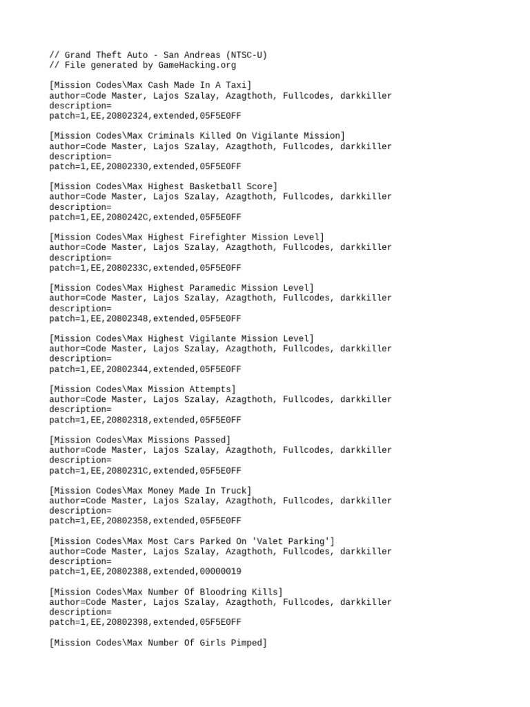 GTA San Andreas Mission Codes Guide | PDF | Vehicles