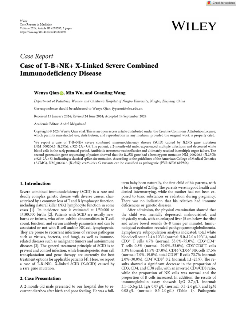 T-B+NK+ X-Linked SCID Case Report | PDF | Immunodeficiency | Lymphocyte
