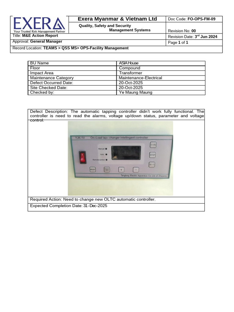 FO-OPS-FM 09 M&E Action Report Rev 00 For ASIA House OLTC Controller ...