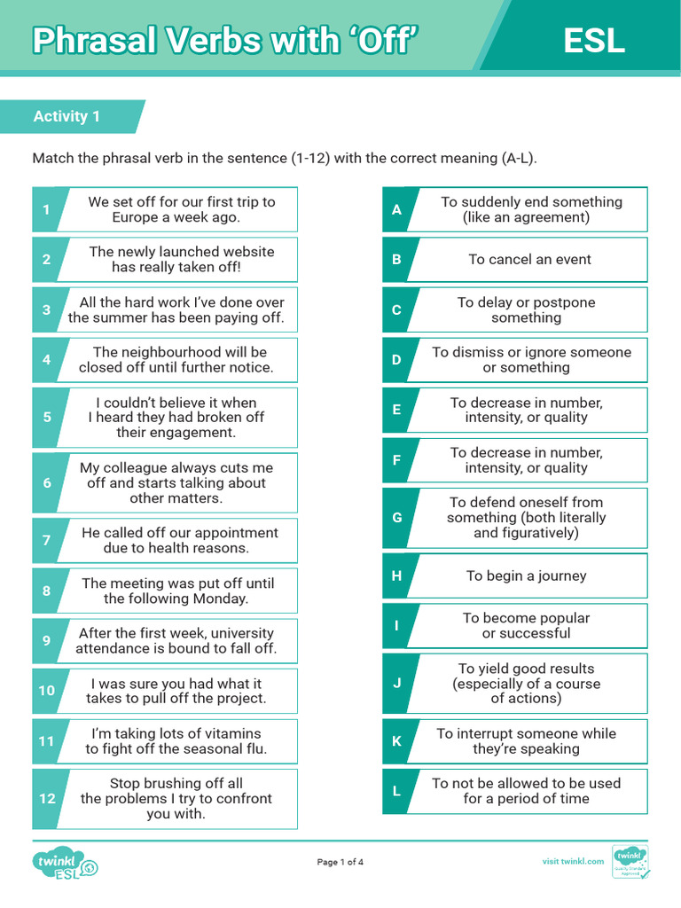 Phrasal Verbs with 'Off' for ESL Learners | PDF | English As A Second ...