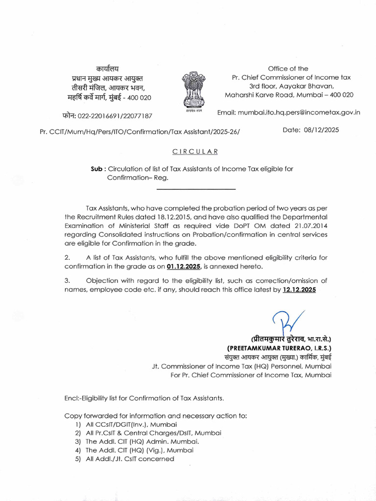 Eligibility List For Confirmation in The Grade of Tax Assistant-1 | PDF