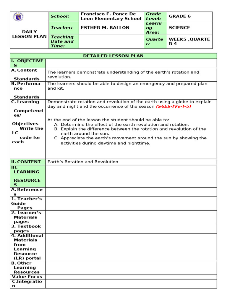 Final Lesson Plan For Final Demo Teaching | PDF | Rotation | Night