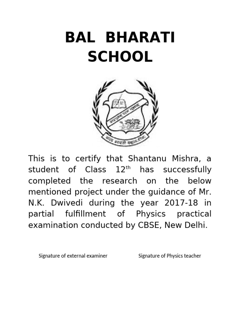 Class 12 Physics Project Certificate | PDF