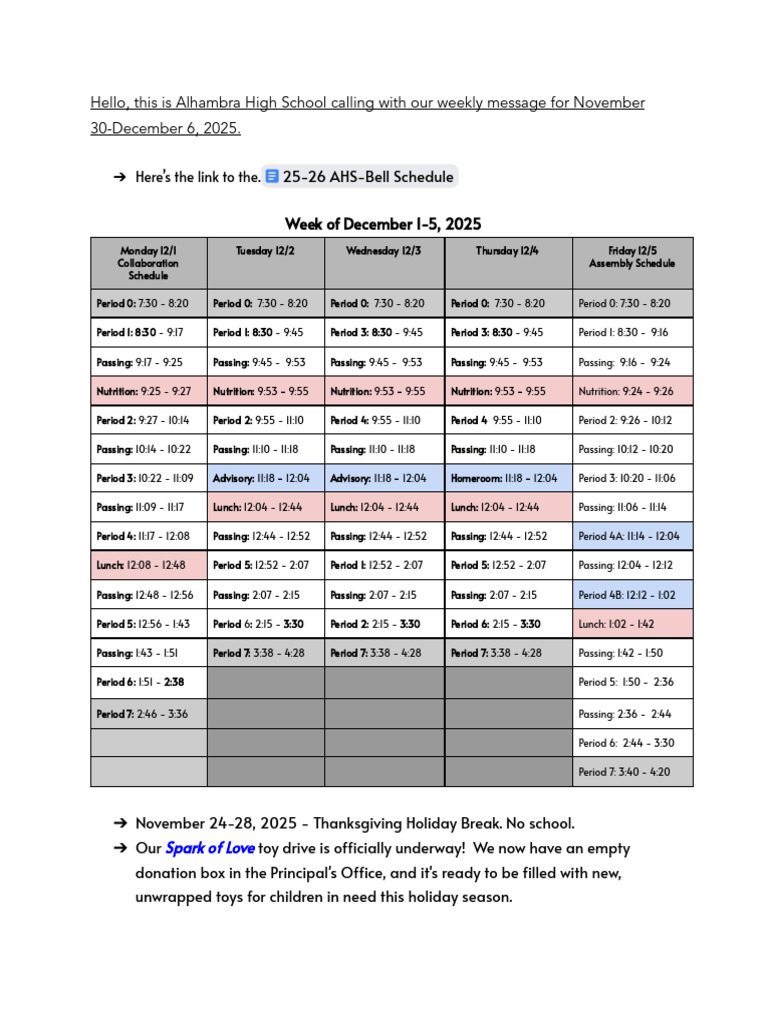 AHS Weekly Update: Dec 1-6, 2025 | PDF | Educational Stages | Schools