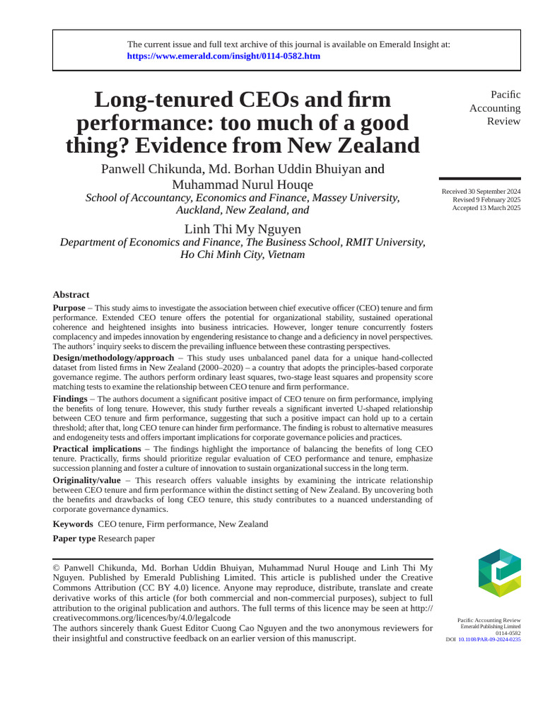 CEO Tenure and Firm Performance in NZ | PDF | Governance | Corporate ...