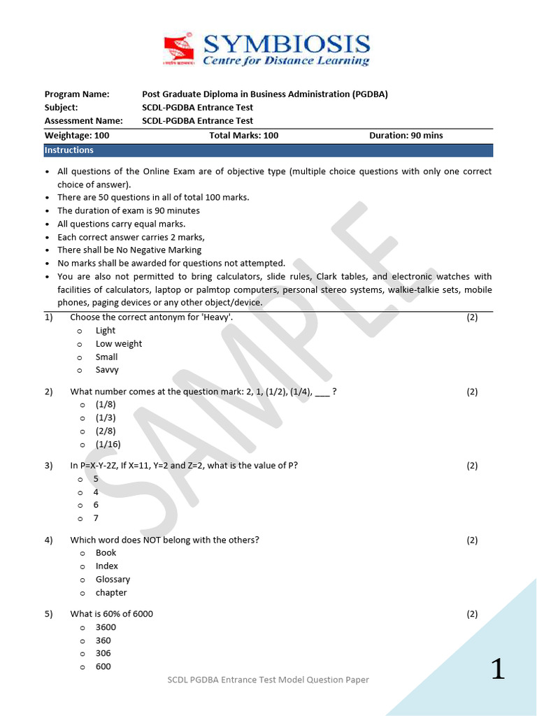 PGDBA Entrance Test Model Questions | PDF