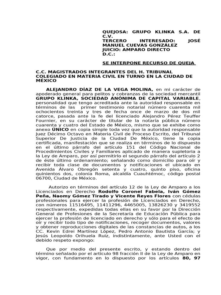 Recurso de Queja en Amparo Directo | PDF | Demanda judicial | México