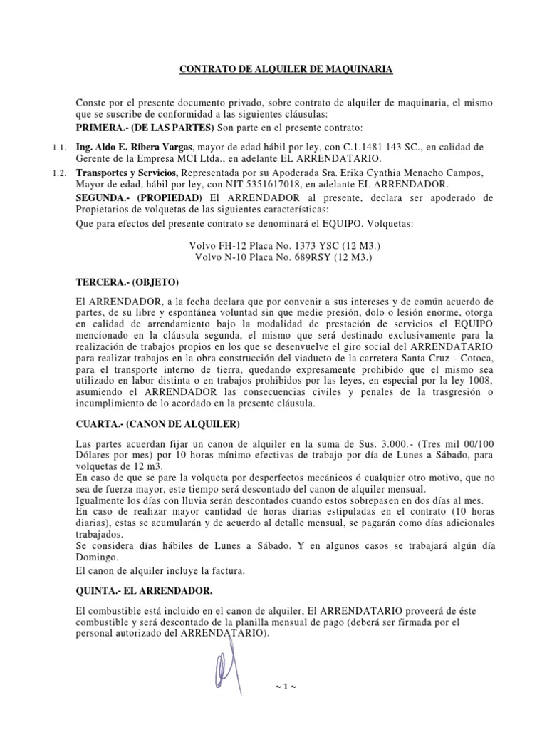 Contrato de Alquiler de Maquinaria | PDF | Alquiler | Arbitraje
