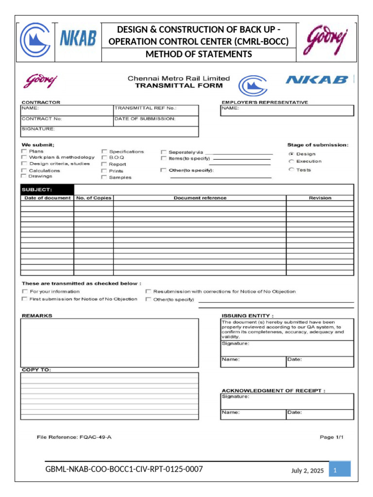 CMRL Backup Control Center Method Statement | PDF | Occupational Safety ...