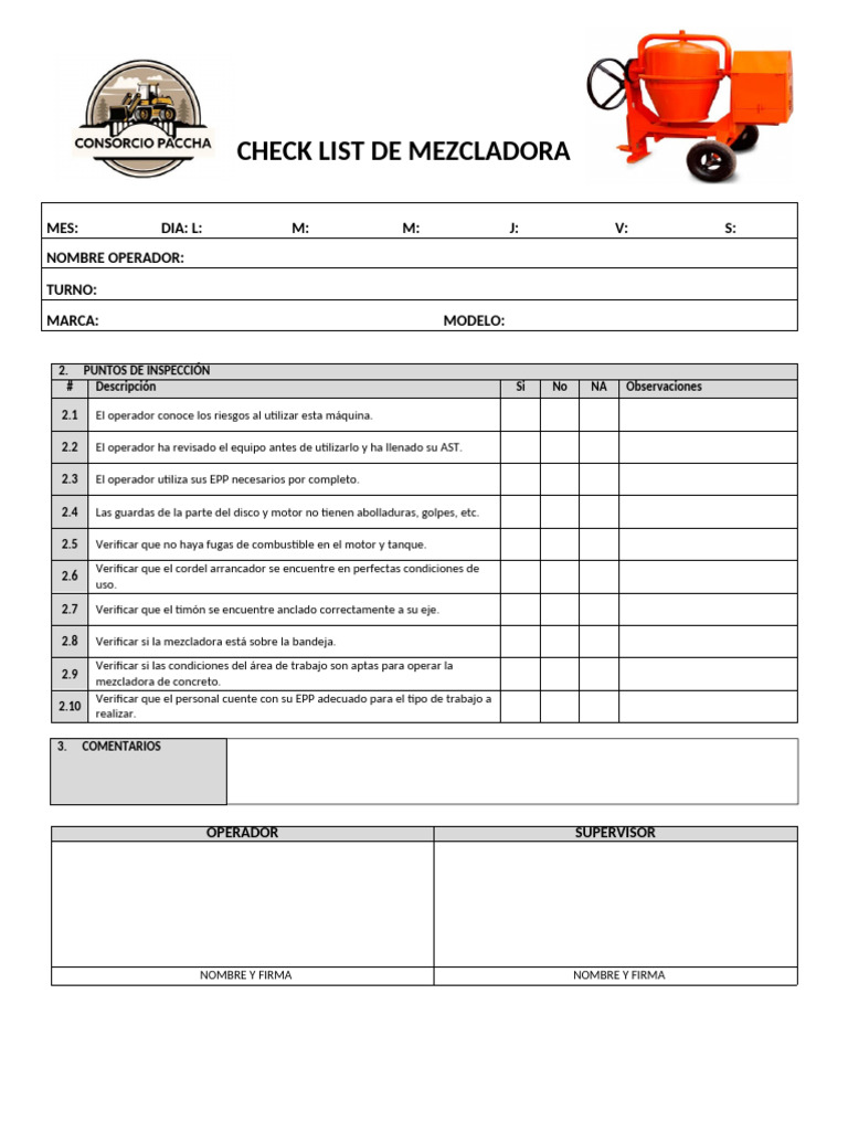 Checklist de Inspección para Mezcladora | PDF
