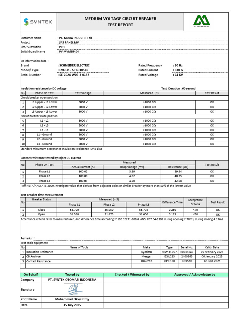 Medium Voltage Circuit Breaker Test Report | PDF | Transformer ...