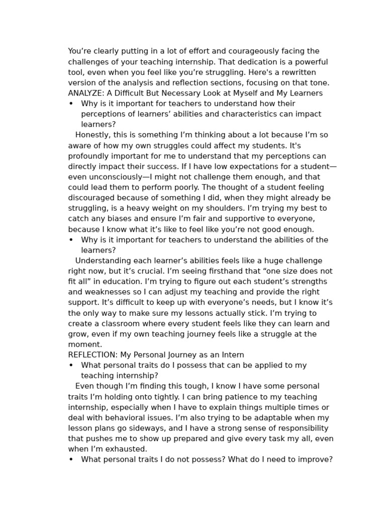 Teaching Internship Reflection and Analysis | PDF | Learning | Thought