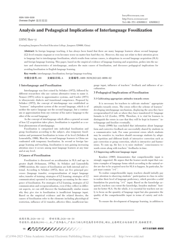 Interlanguage Fossilization in ESL Teaching | PDF | Second Language ...