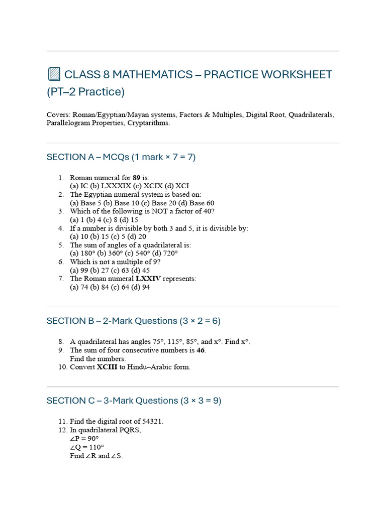 Class 8 Math Practice Worksheet | PDF